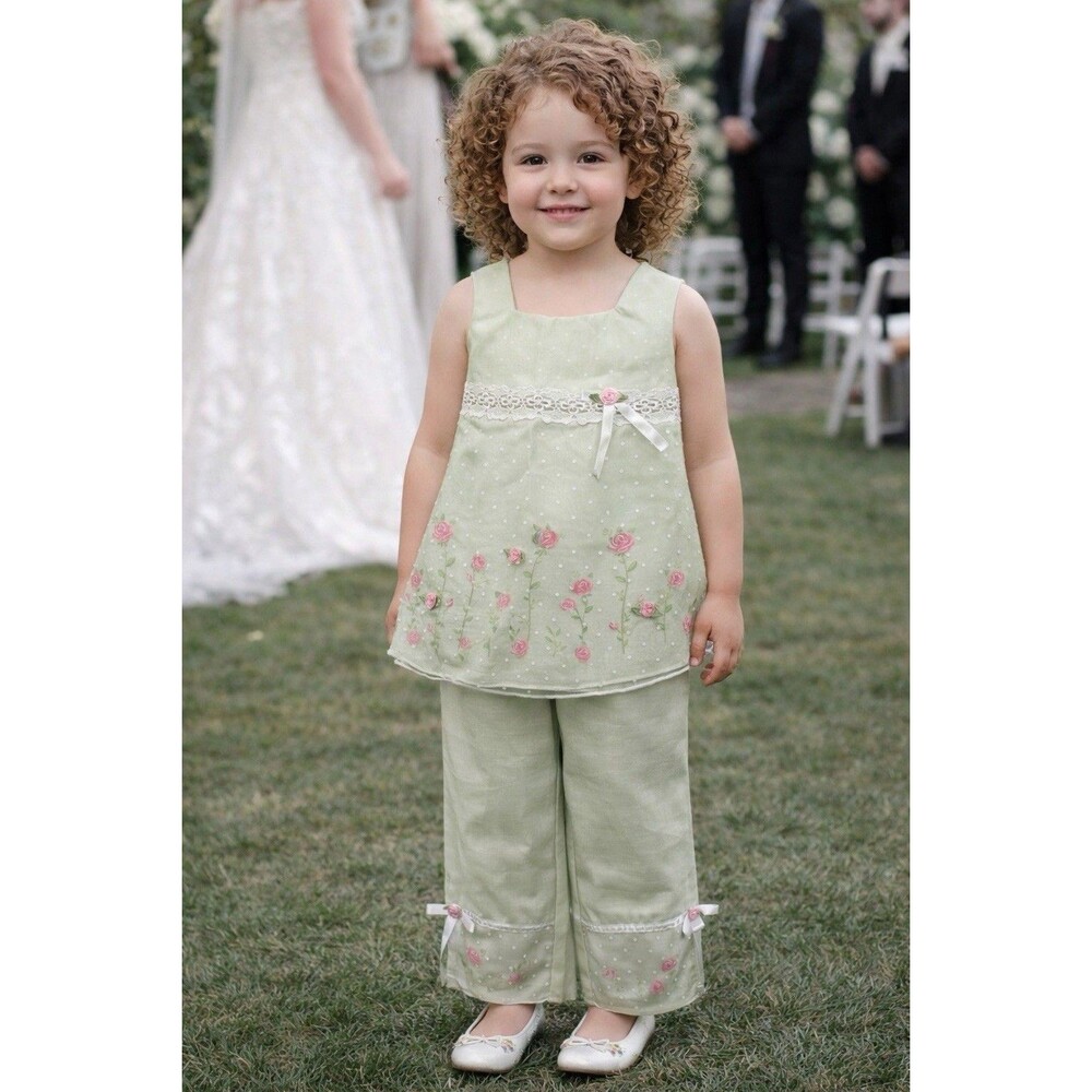 Thomas Sage Green Floral White Lace Sleeveless Tunic Top Mesh Overlay Pants Sz 5